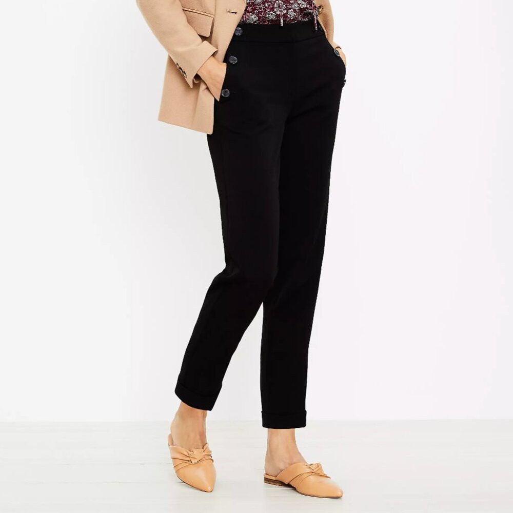 Ann Taylor LOFT 8 Black Slim Leg Crop Ankle Stretch Sailor Button Dress Pants‎ - Picture 2 of 8
